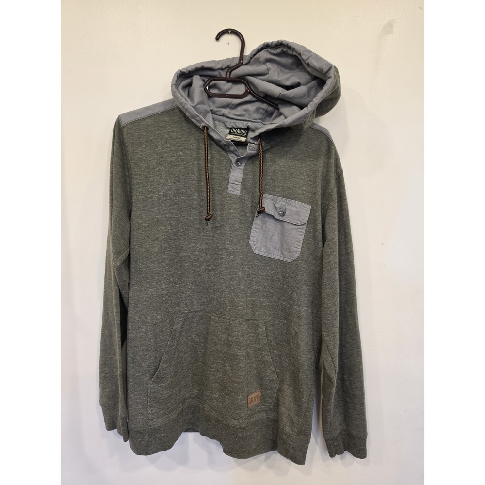 DRAVUS Hoodie Sweatshirt Mens L Green Gray Kangaroo Pocket Y2K Streetwear